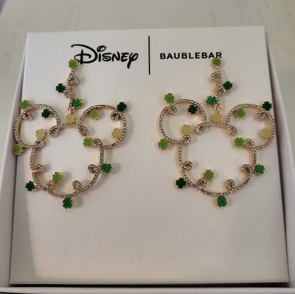BaubleBar Jewelry - BaubleBar Disney With Green Shamrocks and Clear Stone  Gold Earrings